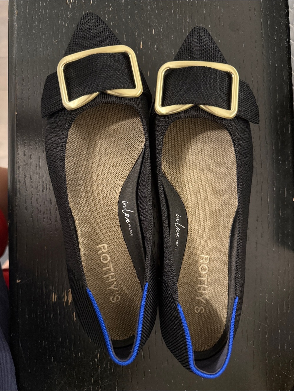 Rothy's Black Pointed Flats with Gold Buckle
